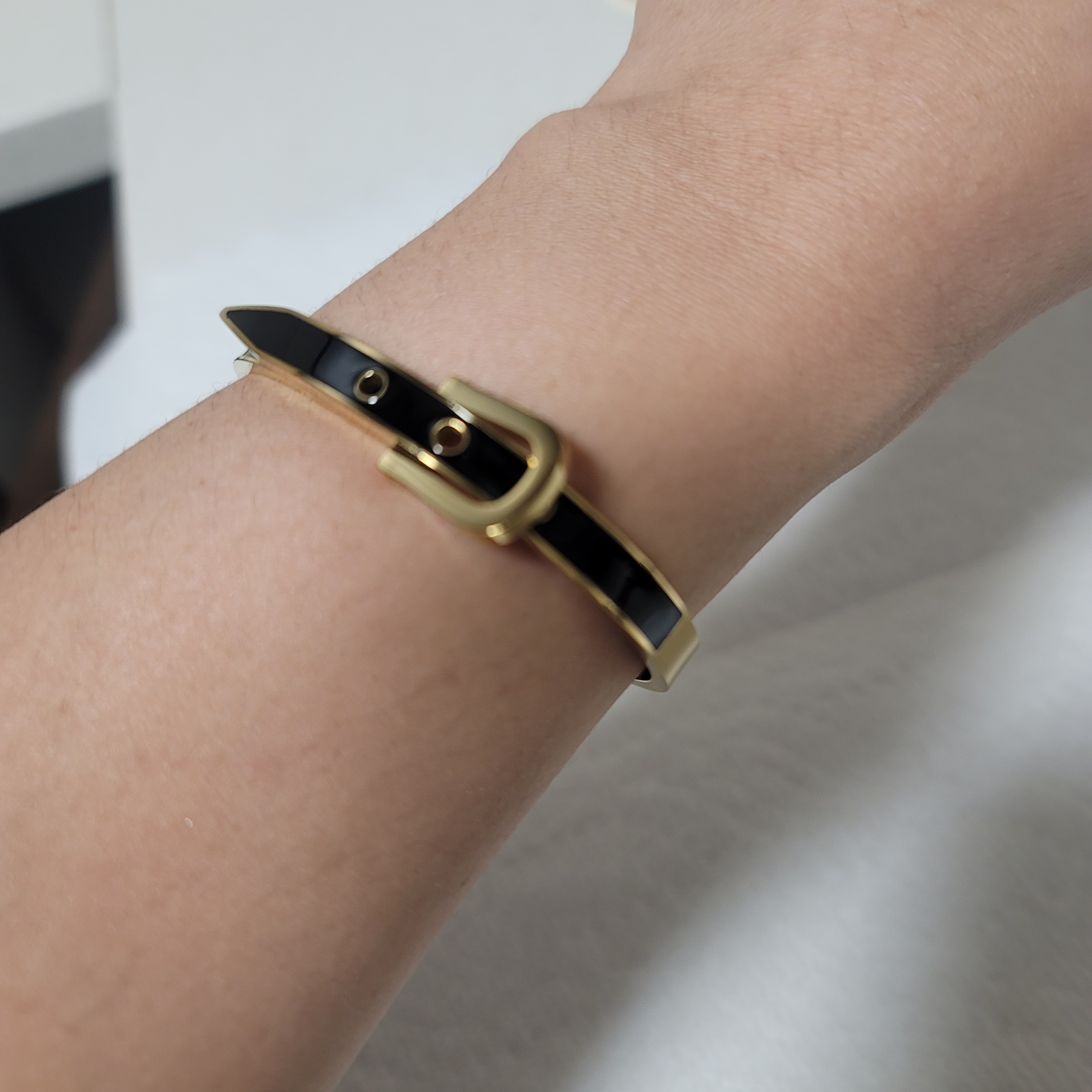 Nwt Stainless Steel Adjustable Black And Gold Buckle Bracelet